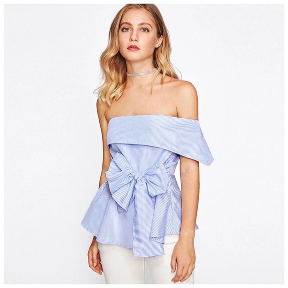 Blue & White Stripe Asymmetrical Collar Top - Picture 3 of 7